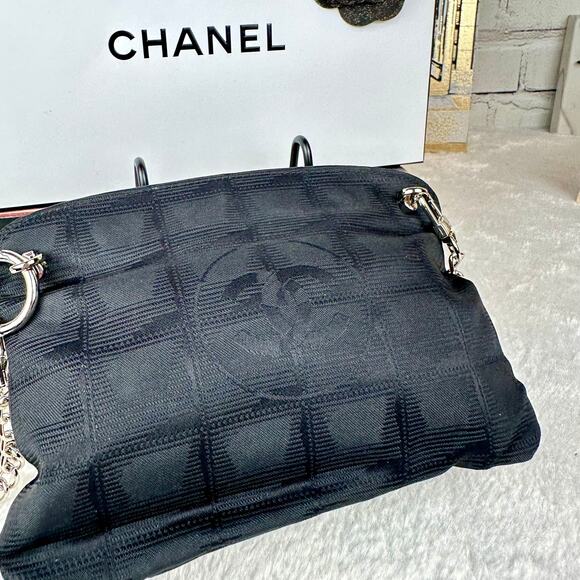 CHANEL Black Canvas New Travel Line Pouch wristlet, Crossbody Bag with Chains - Picture 6 of 16